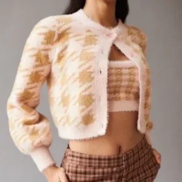 For Love and Lemon Fuzzy Plaid Pink and Tan Cher Cardigan - Picture 6 of 7